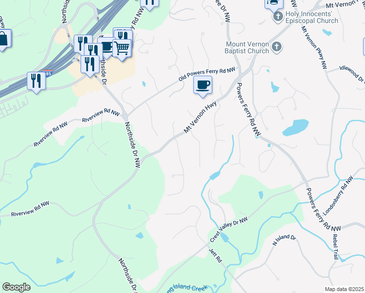 map of restaurants, bars, coffee shops, grocery stores, and more near 5284 Vernon Springs Trail Northwest in Sandy Springs