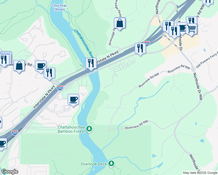 map of restaurants, bars, coffee shops, grocery stores, and more near 329 Riversedge Drive in Atlanta