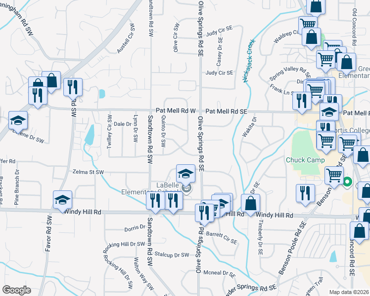 map of restaurants, bars, coffee shops, grocery stores, and more near 2200 Panstone Drive Southwest in Marietta
