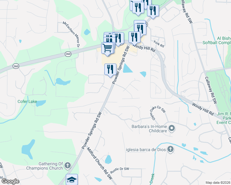 map of restaurants, bars, coffee shops, grocery stores, and more near 1789 Powder Springs Road Southwest in Marietta