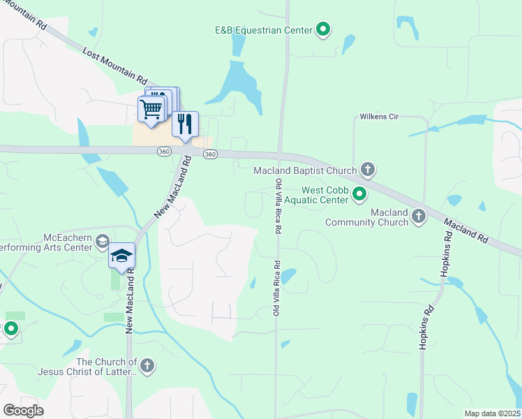 map of restaurants, bars, coffee shops, grocery stores, and more near 3905 Chasemont Drive Southwest in Powder Springs