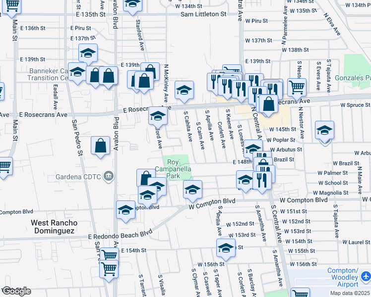map of restaurants, bars, coffee shops, grocery stores, and more near 14606 South Caswell Avenue in Compton