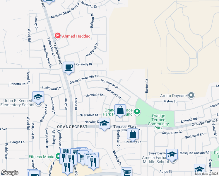 map of restaurants, bars, coffee shops, grocery stores, and more near 19608 Allenhurst Street in Riverside