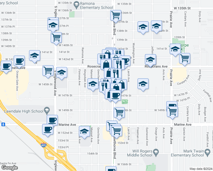 map of restaurants, bars, coffee shops, grocery stores, and more near 14518 Burin Avenue in Lawndale