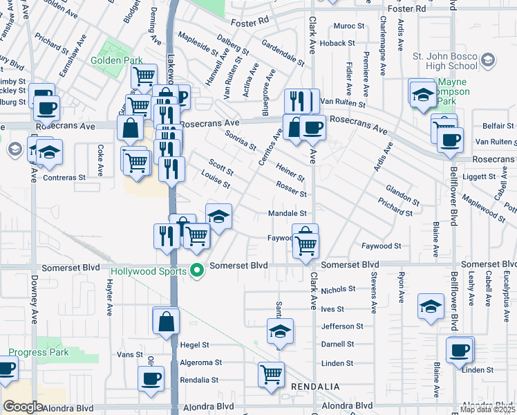 map of restaurants, bars, coffee shops, grocery stores, and more near 9229 Mandale Street in Bellflower