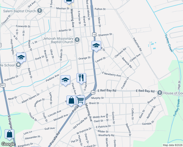 map of restaurants, bars, coffee shops, grocery stores, and more near 14 Monroe Street in Sumter