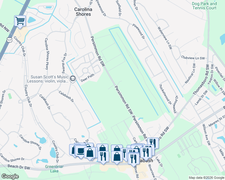 map of restaurants, bars, coffee shops, grocery stores, and more near 630 Persimmon Road Southwest in Calabash
