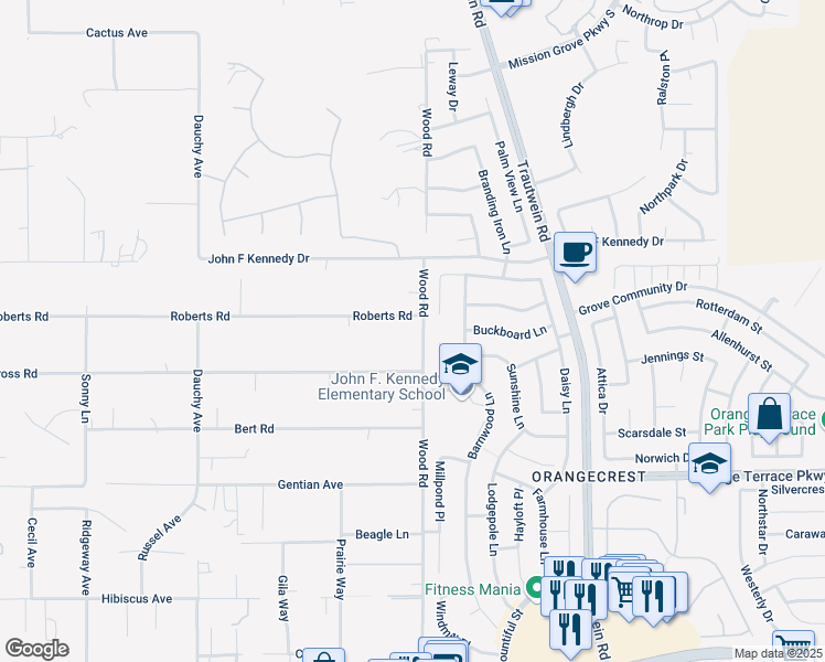 map of restaurants, bars, coffee shops, grocery stores, and more near 18995 Roberts Road in Riverside