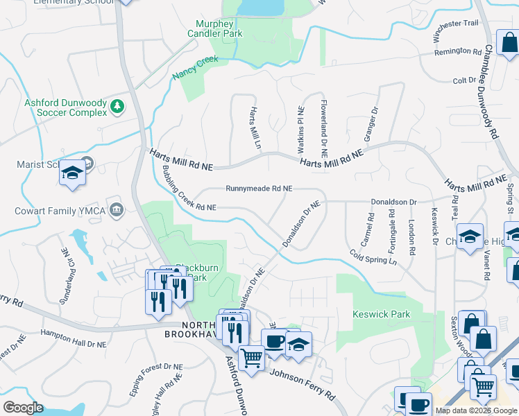 map of restaurants, bars, coffee shops, grocery stores, and more near 1575 Runnymeade Road Northeast in Atlanta