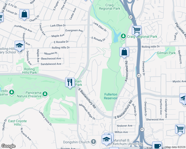 map of restaurants, bars, coffee shops, grocery stores, and more near 2572 Tuscany Way in Fullerton