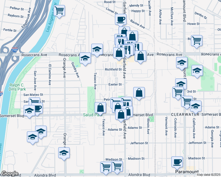 map of restaurants, bars, coffee shops, grocery stores, and more near 7304 Exeter Street in Paramount