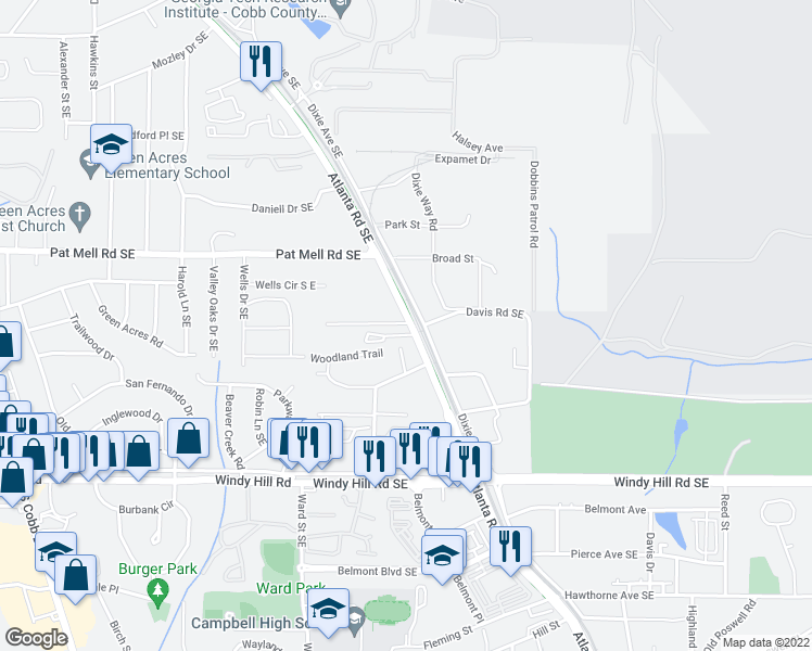 map of restaurants, bars, coffee shops, grocery stores, and more near 2190 Broyles Boulevard Southeast in Smyrna