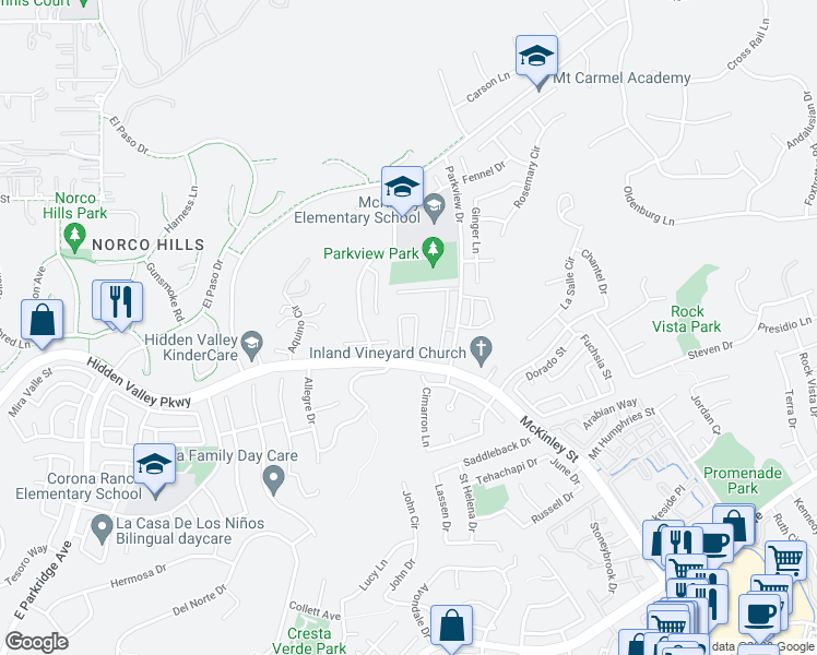 map of restaurants, bars, coffee shops, grocery stores, and more near 1020 La Terraza Circle in Corona