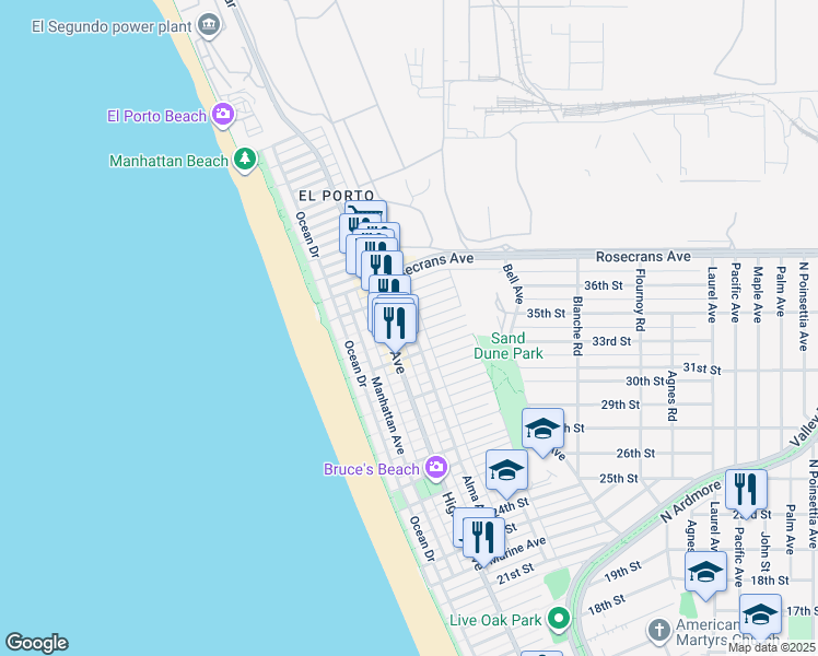 map of restaurants, bars, coffee shops, grocery stores, and more near 330 34th Place in Manhattan Beach