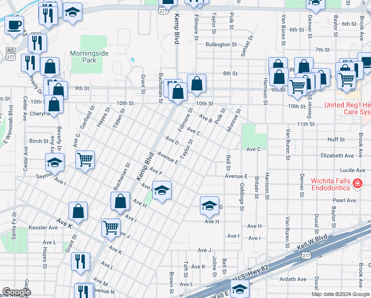 map of restaurants, bars, coffee shops, grocery stores, and more near 1311 Taylor Street in Wichita Falls