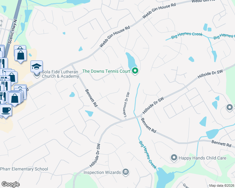 map of restaurants, bars, coffee shops, grocery stores, and more near 1109 Westwood Place Southwest in Grayson