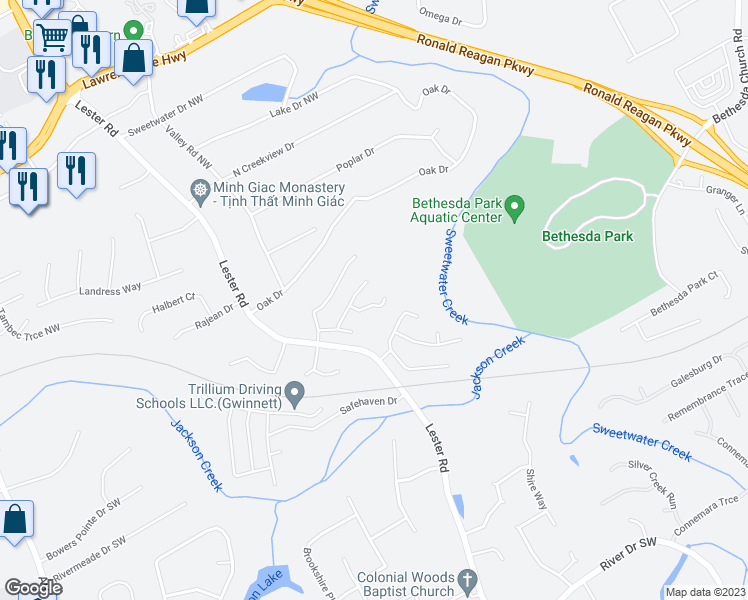 map of restaurants, bars, coffee shops, grocery stores, and more near 194 Beaverwood Court in Lawrenceville