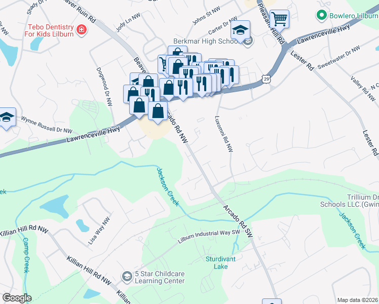 map of restaurants, bars, coffee shops, grocery stores, and more near 4175 Jackson Place Northwest in Lilburn