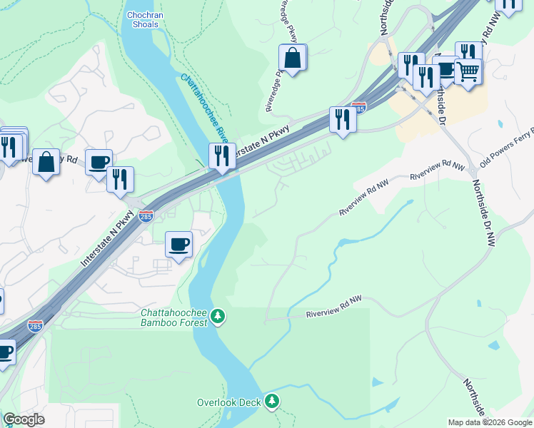 map of restaurants, bars, coffee shops, grocery stores, and more near 329 Riversedge Drive in Atlanta