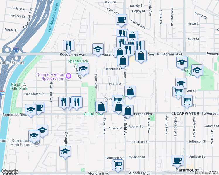 map of restaurants, bars, coffee shops, grocery stores, and more near 7258 Exeter Street in Paramount