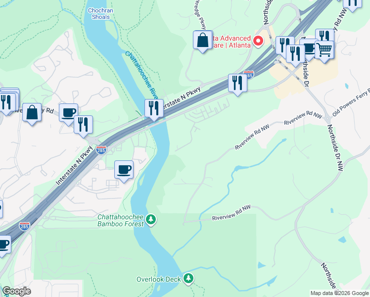 map of restaurants, bars, coffee shops, grocery stores, and more near 329 Riversedge Drive in Atlanta