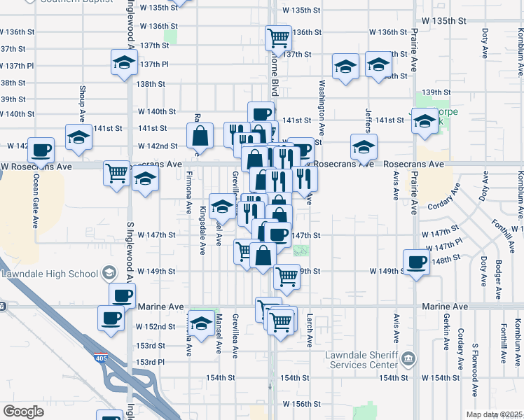 map of restaurants, bars, coffee shops, grocery stores, and more near 14523 Hawthorne Boulevard in Lawndale