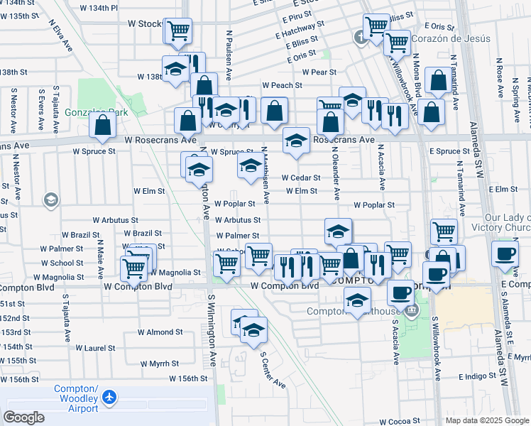 map of restaurants, bars, coffee shops, grocery stores, and more near 601 West Arbutus Street in Compton