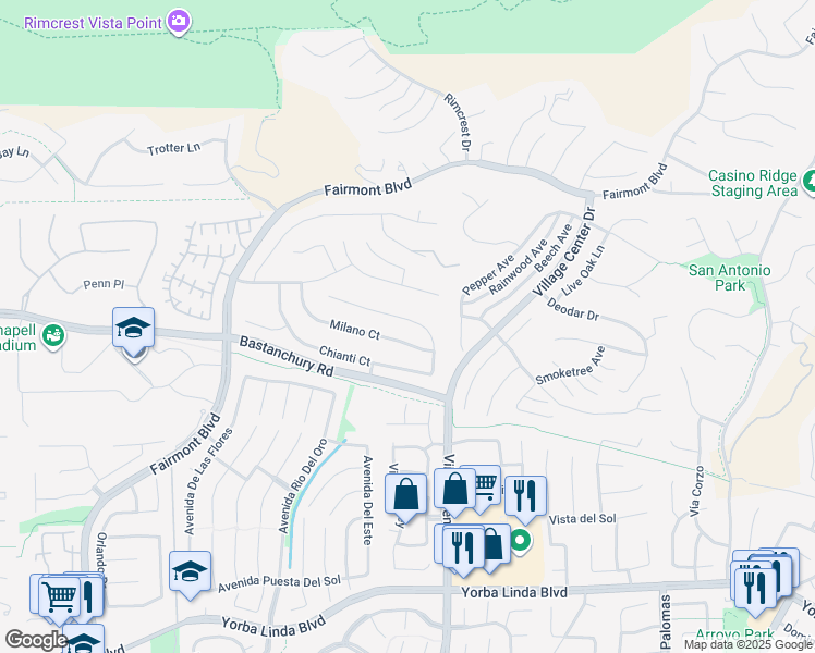 map of restaurants, bars, coffee shops, grocery stores, and more near 4243 Genoa Way in Yorba Linda
