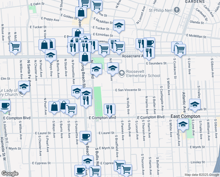 map of restaurants, bars, coffee shops, grocery stores, and more near 1713 East San Vincente Street in Compton