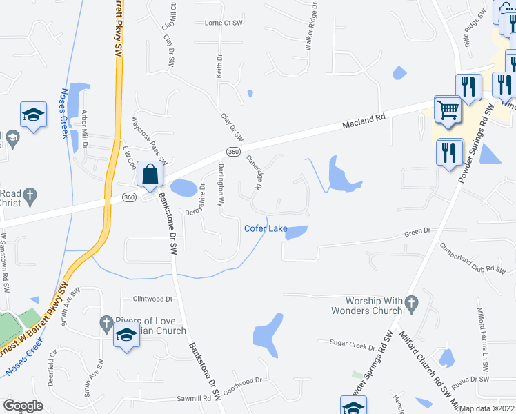 map of restaurants, bars, coffee shops, grocery stores, and more near 2127 Caneridge Drive in Marietta