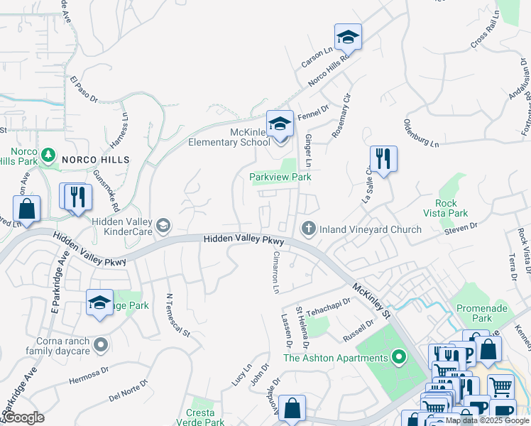 map of restaurants, bars, coffee shops, grocery stores, and more near 1020 La Terraza Circle in Corona