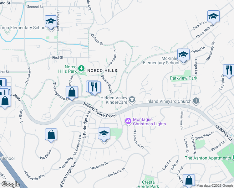 map of restaurants, bars, coffee shops, grocery stores, and more near 1192 El Paso Drive in Norco