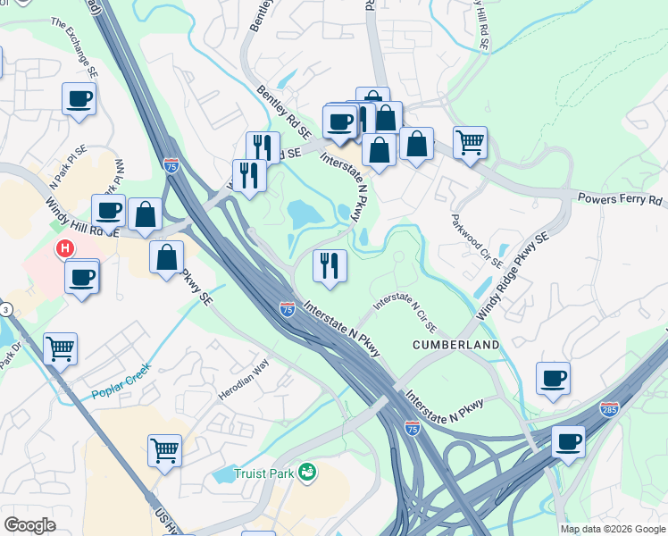 map of restaurants, bars, coffee shops, grocery stores, and more near 180 Interstate North Parkway East Southeast in Atlanta