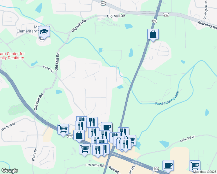 map of restaurants, bars, coffee shops, grocery stores, and more near 105 Russell Drive in Hiram