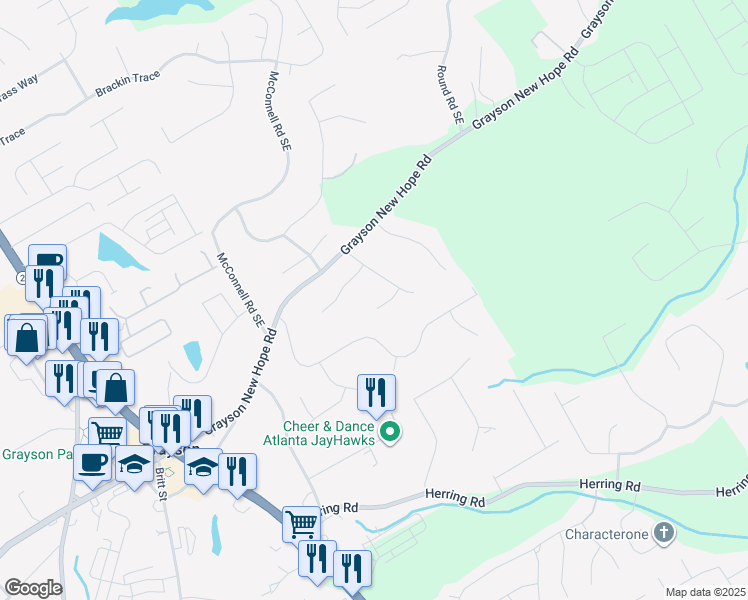 map of restaurants, bars, coffee shops, grocery stores, and more near 110 Grayview Court in Grayson