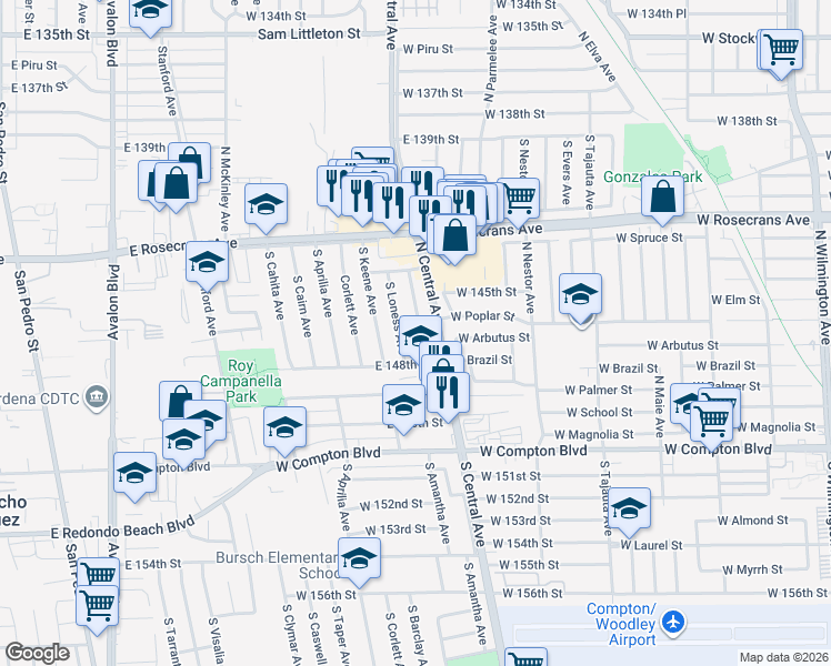 map of restaurants, bars, coffee shops, grocery stores, and more near 14605 South Bahama Avenue in Compton