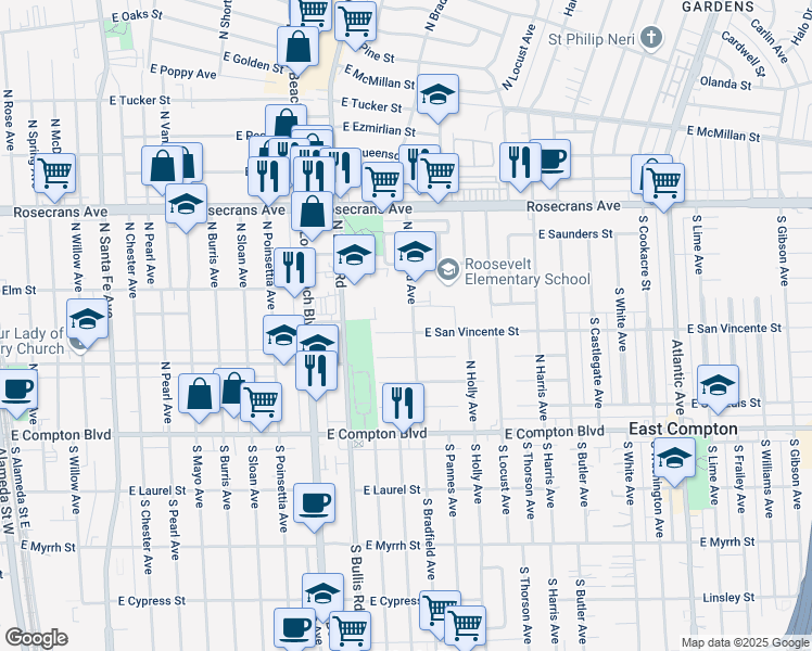 map of restaurants, bars, coffee shops, grocery stores, and more near 1713 East San Vincente Street in Compton