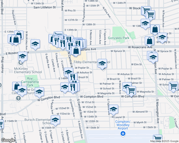 map of restaurants, bars, coffee shops, grocery stores, and more near 1509 West Arbutus Street in Compton