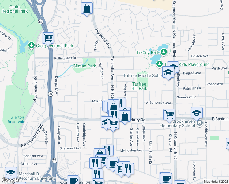 map of restaurants, bars, coffee shops, grocery stores, and more near 413 Fleming Avenue in Placentia