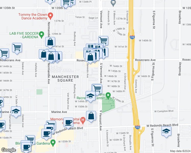 map of restaurants, bars, coffee shops, grocery stores, and more near 14506 Berendo Avenue in Gardena