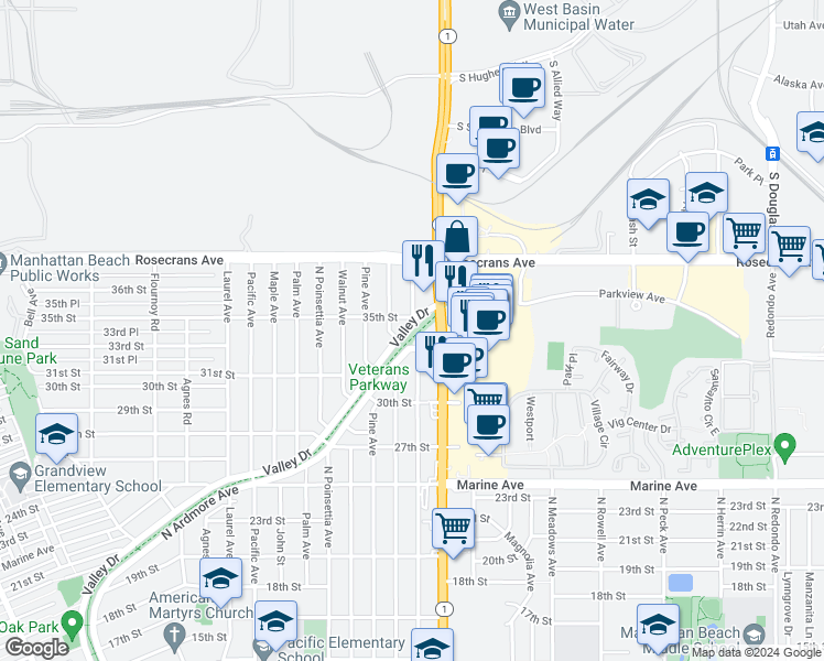 map of restaurants, bars, coffee shops, grocery stores, and more near 3439 California 1 in Manhattan Beach