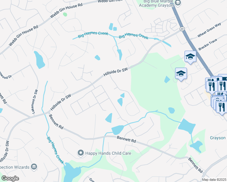 map of restaurants, bars, coffee shops, grocery stores, and more near 828 Cooper Lakes Court in Grayson