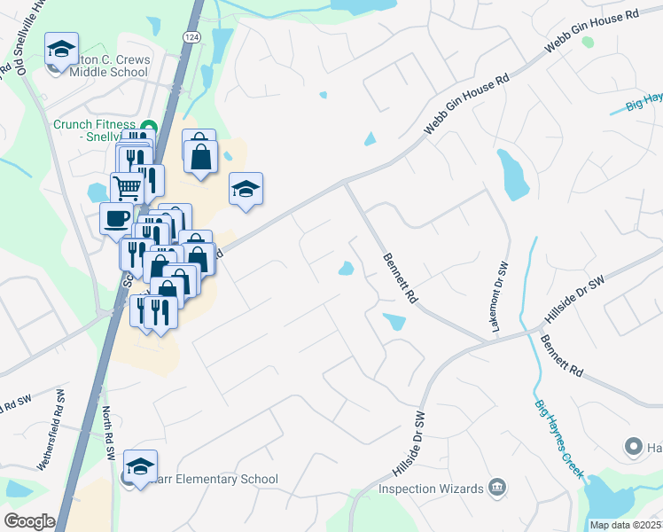 map of restaurants, bars, coffee shops, grocery stores, and more near 1280 Gin House Lane in Lawrenceville