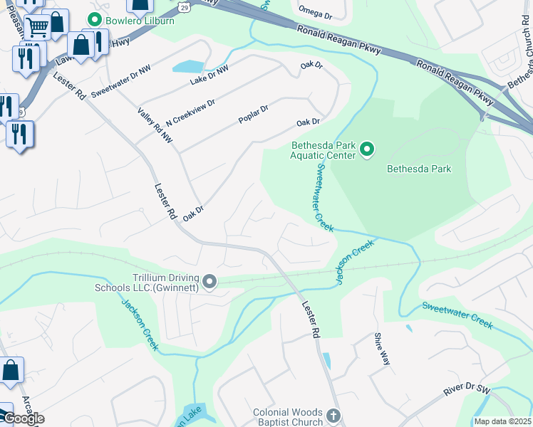 map of restaurants, bars, coffee shops, grocery stores, and more near 194 Beaverwood Court in Lawrenceville