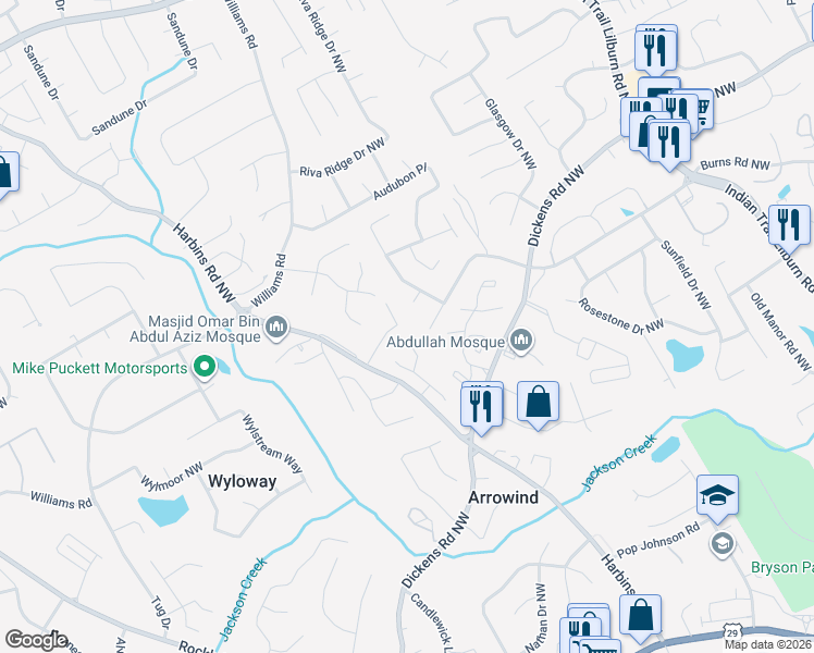 map of restaurants, bars, coffee shops, grocery stores, and more near 5210 Harbins Point Lane Northwest in Lilburn