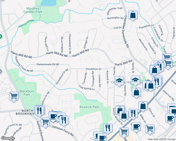 map of restaurants, bars, coffee shops, grocery stores, and more near 3811 Donaldson Drive in Chamblee