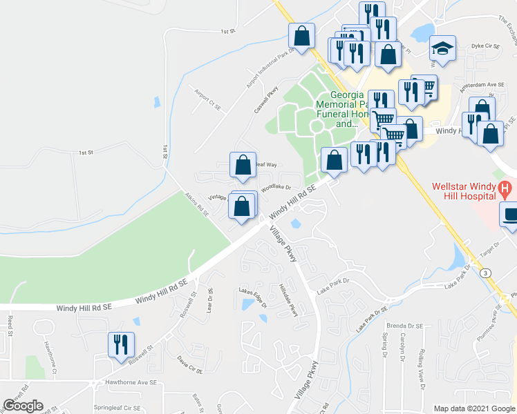 map of restaurants, bars, coffee shops, grocery stores, and more near 2121 Windy Hill Road Southeast in Marietta