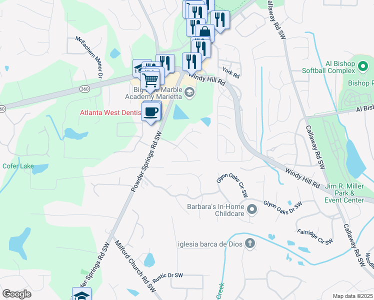 map of restaurants, bars, coffee shops, grocery stores, and more near 2157 Brandon Lee Drive Southwest in Marietta