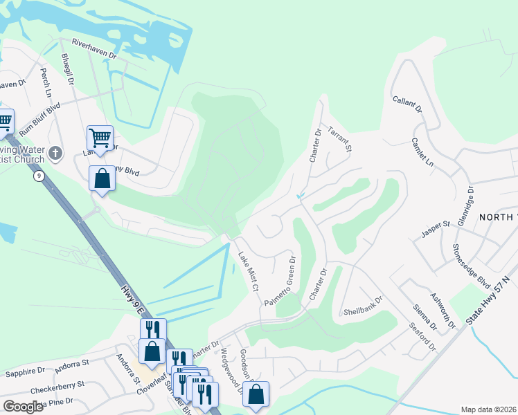 map of restaurants, bars, coffee shops, grocery stores, and more near 710 Charter Drive in Longs