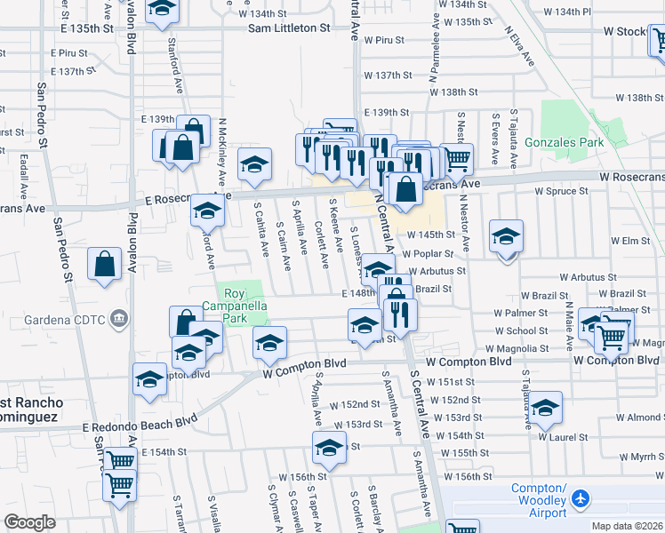 map of restaurants, bars, coffee shops, grocery stores, and more near 14528 Corlett Avenue in Compton